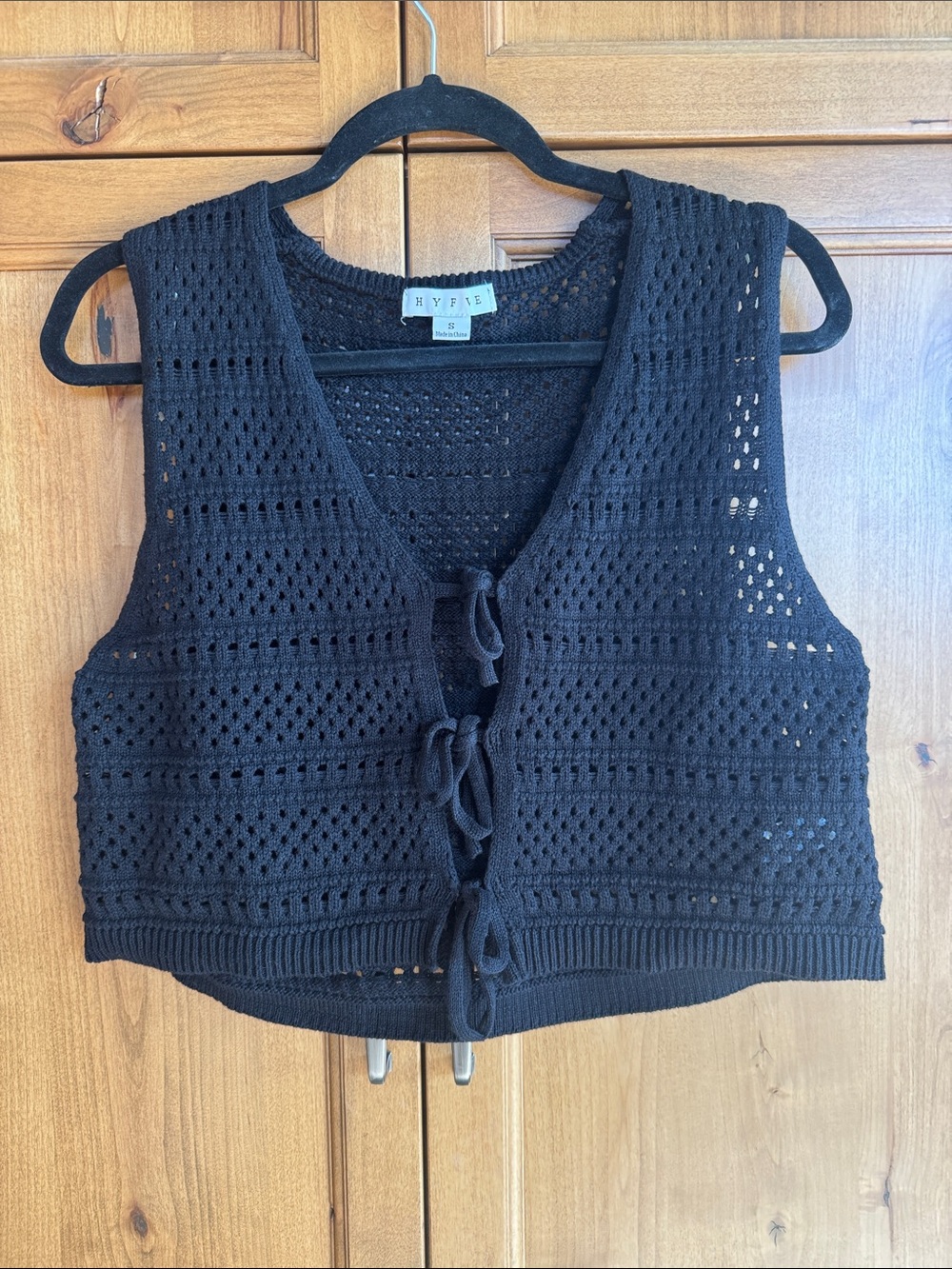 HYFVE Black Crochet Tie-Front Cropped Vest